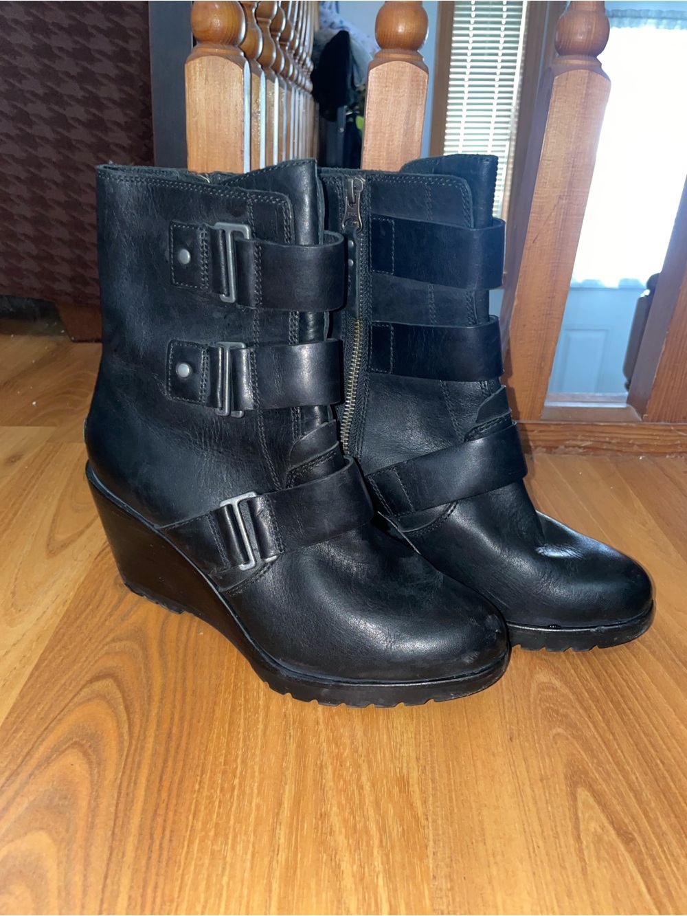 Sorel Black Leather Wedge Ankle Boots with Triple Strap Accents